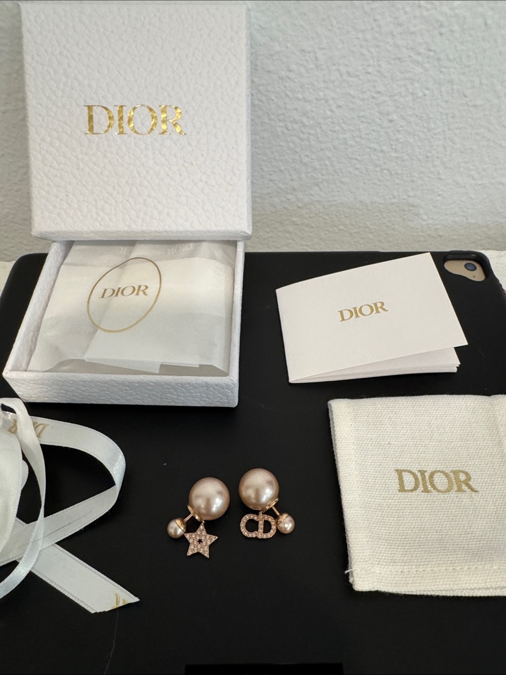 Dior Rose Gold Pearl CD & Star Tribal Earrings